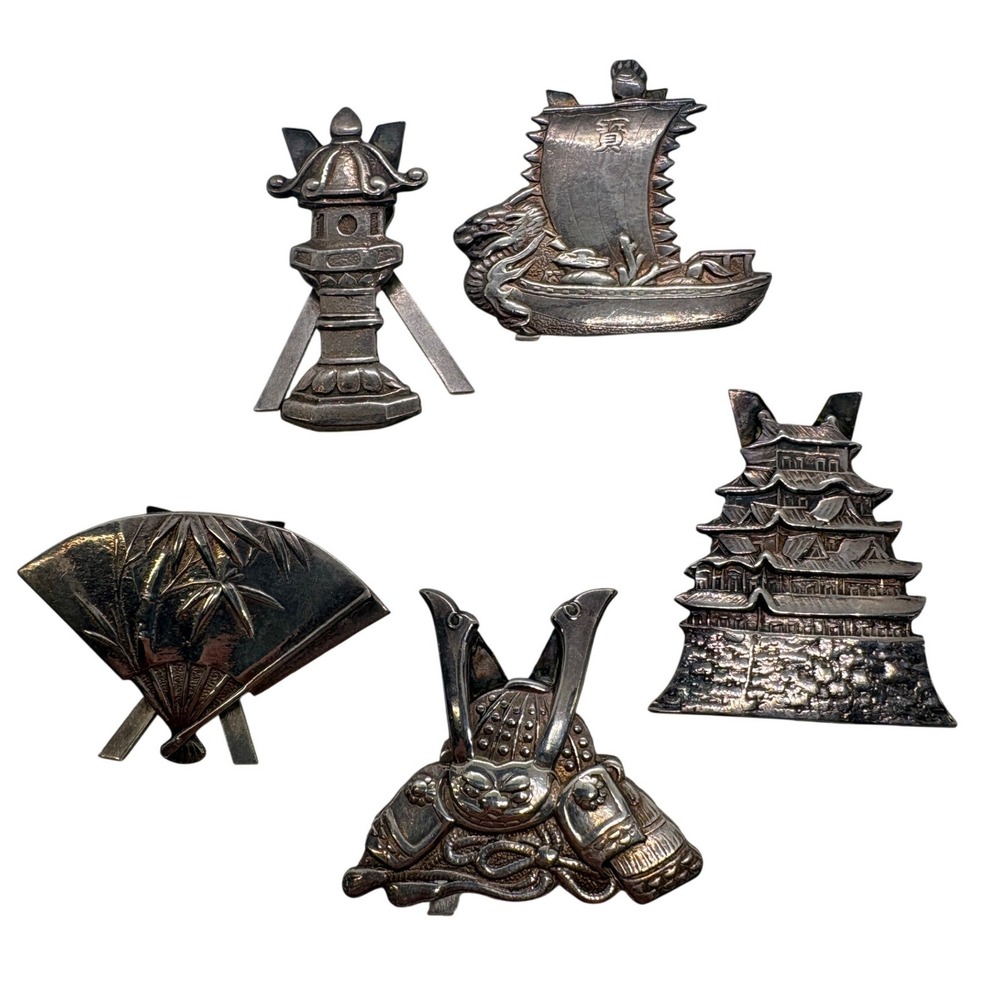 Vintage 950 Silver Japan Scarf Clip Set Dragon Boat Pagoda Samurai Fan 16.38g